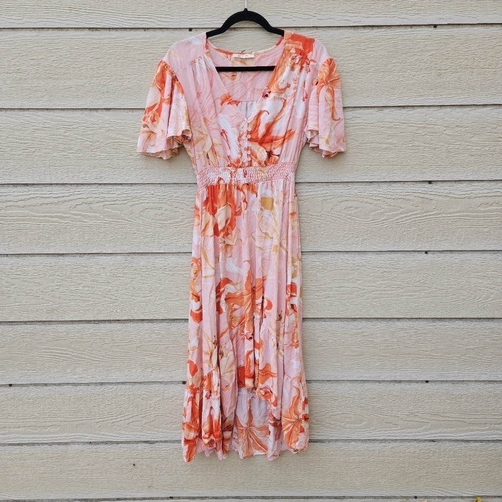 Anthropologie Abel the Label Flower Bomb flutter sleeve hi-lo dress AU large